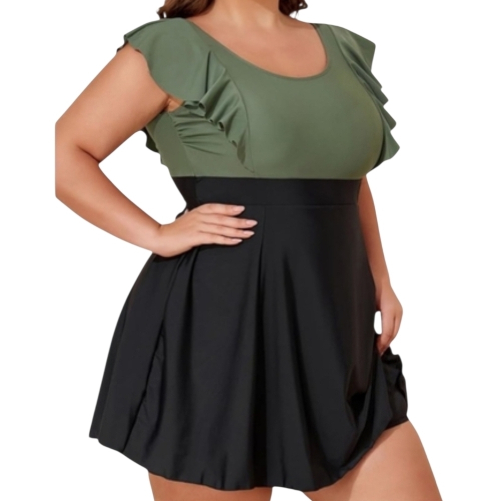 SMISMIVO - 4X Green & Black Ruffle Sleeve Swim Dress
